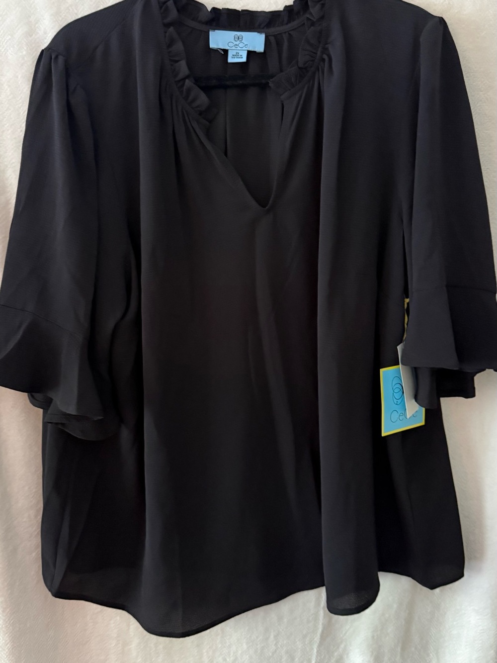 CeCe Black Ruffle Neck Flutter Sleeve Top